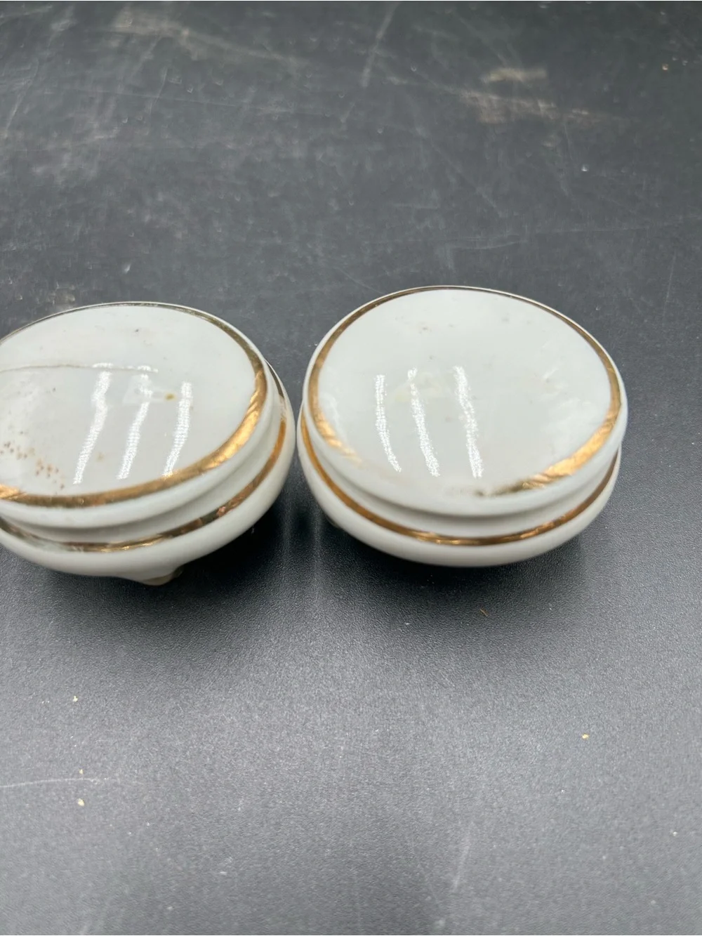 Set of 3 Small White Porcelain Footed Trinket Boxes with Gold Trim